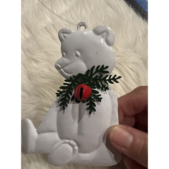 Department 56 Other - Vintage Dept 56 Flat Metal White Teddy Bear w/ Red Bell Christmas Ornament 4"x3"